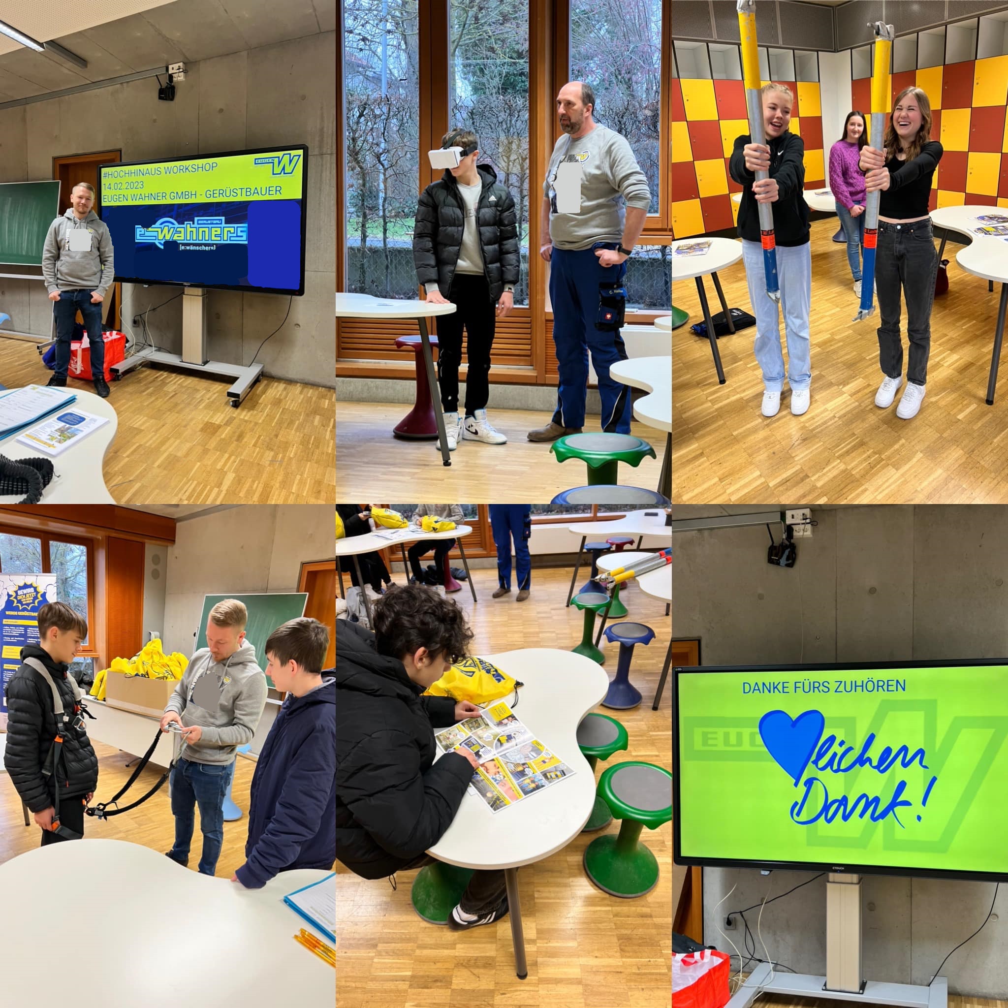 Collage aus Bildern der Wahner Mitarbeite bei einem Schulbesuch