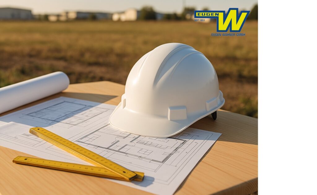 Tisch mit Bauplan, weißem Bauhelm und Maßstab steht auf einem unbebauten Grundstück. recht oben im Eck ist das Firmenlogo der Eugen Wahner GmbH