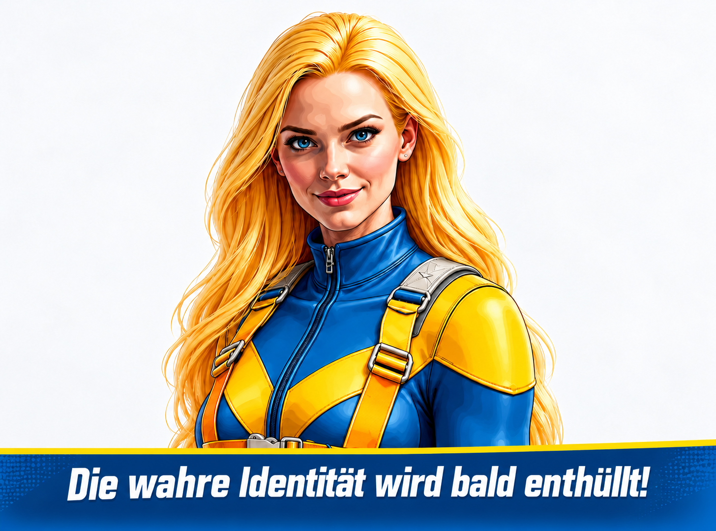 Scaffoldia, die blonde Superheldin der Scaffold Force der Eugen Wahner GmbH, im blau-gelben Superheldenanzug vor weißem Hintergrund.