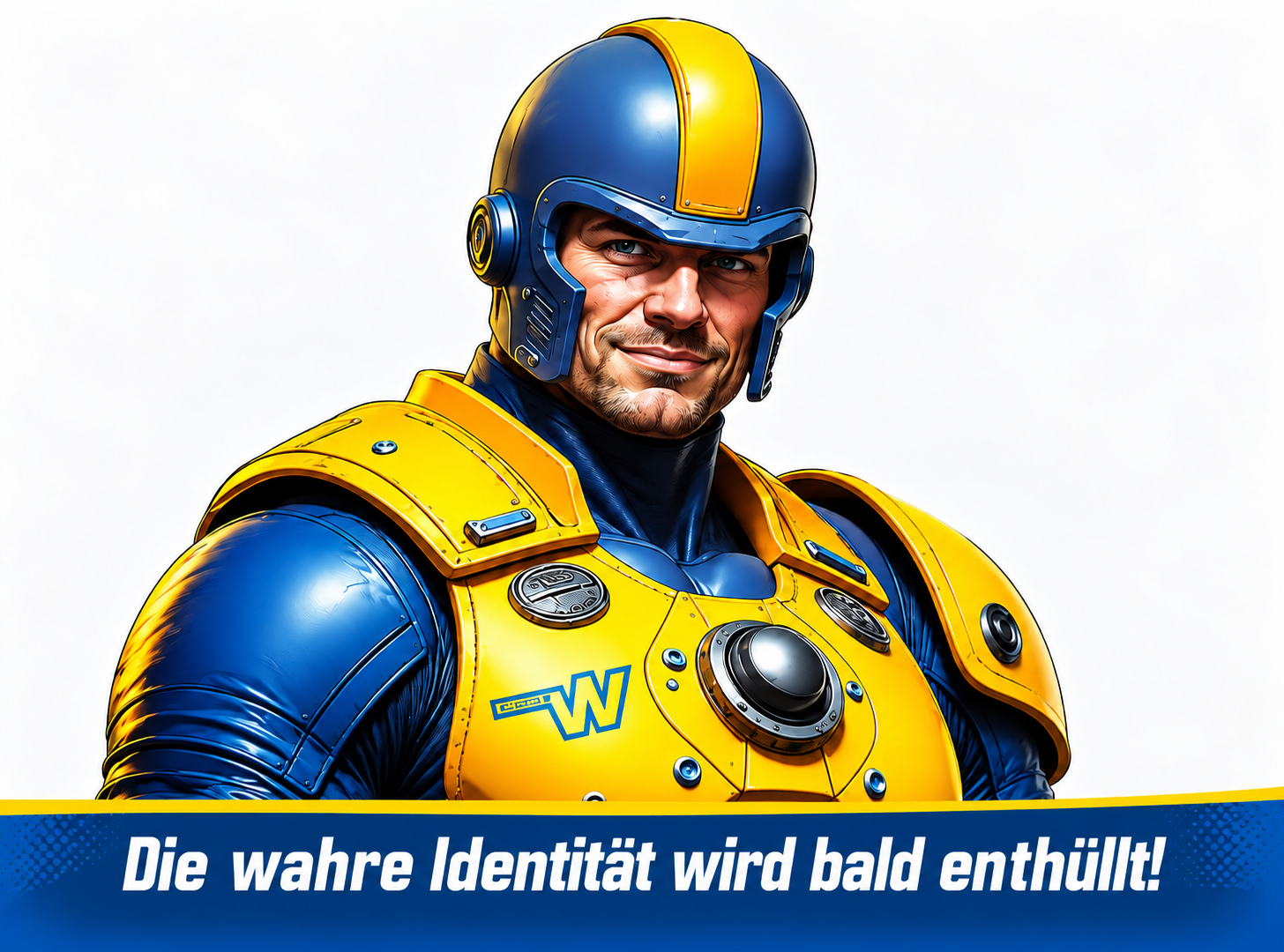 Stormframe, der Superheld der Scaffold Force der Eugen Wahner GmbH, mit blau-gelbem Helm und gepanzerter Arbeitskleidung vor weißem Hintergrund.